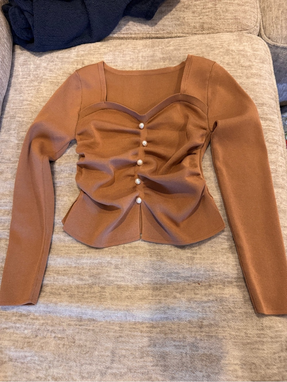 Cider Brown Ruched Pearl-Button Long Sleeve Top